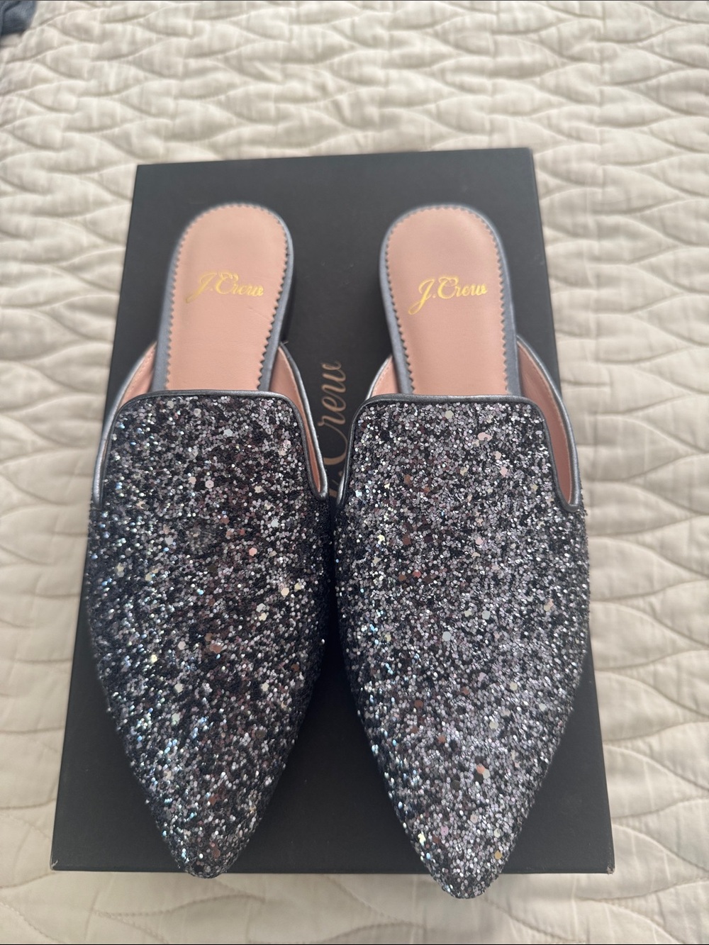 NIB J. Crew Black Glitter Pointed Toe Mules